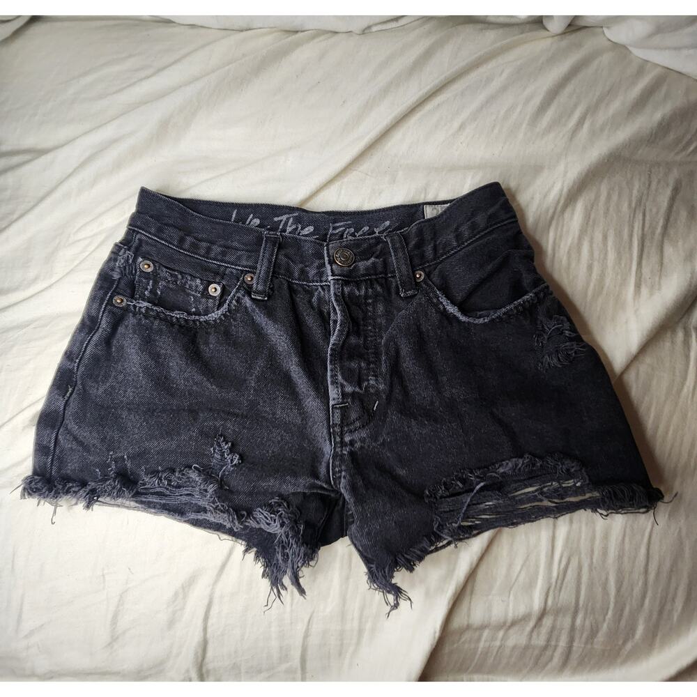 Free People We The Free Black Denim Distressed Cut Off Shorts